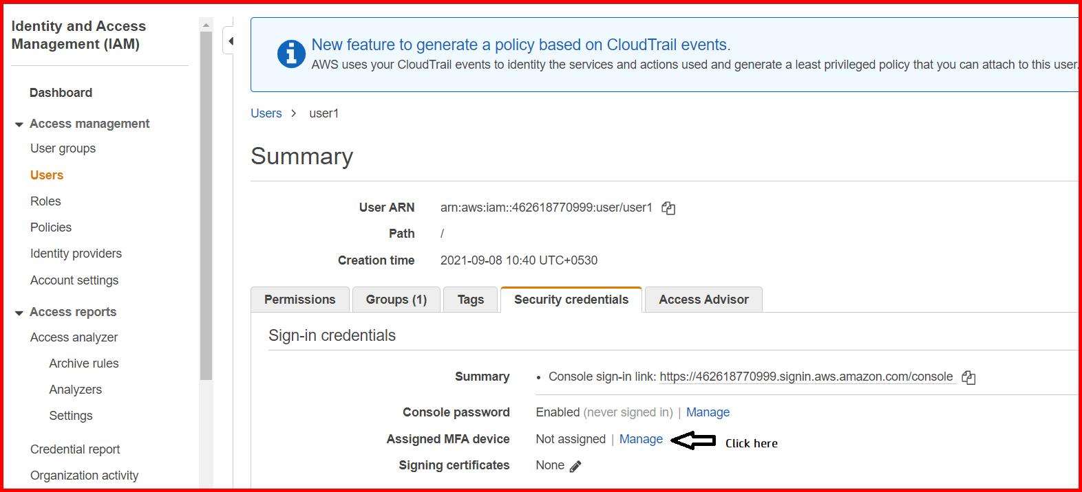 Picture showing the Security Credentials tab of the users screen